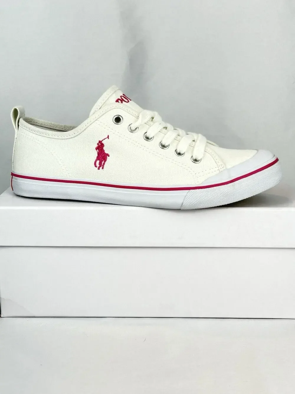 Polo Ralph Lauren Karlen Low Top Canvas Sneakers Cream/Pink Girls US 5 EU 37 New